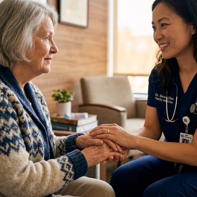 Médico tomando la mano de un paciente en un gesto de consuelo, clínica moderna.