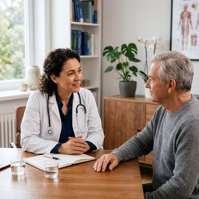Consulta médica cálida, empática y de confianza